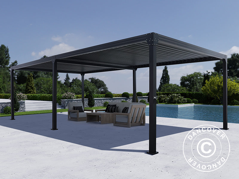 Bioklimatisk pergola pavillon Monterey, 4x8m, m/sidevægge og myggenet, Sort