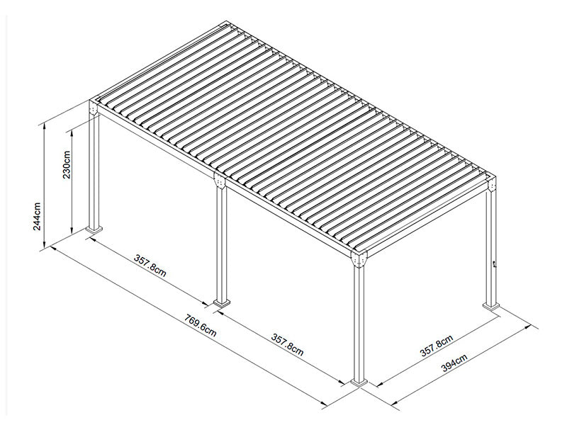 Bioklimatisk pergola pavillon Monterey, 4x8m, m/sidevægge og myggenet, Sort
