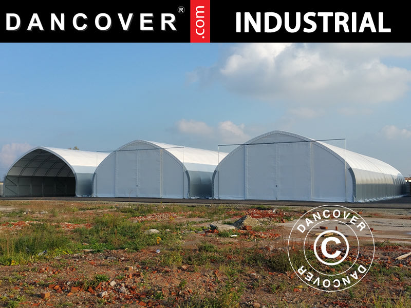 Telthal, rundbuehal 15x15x7,42m m/skydeport, PVC, Hvid/Grå