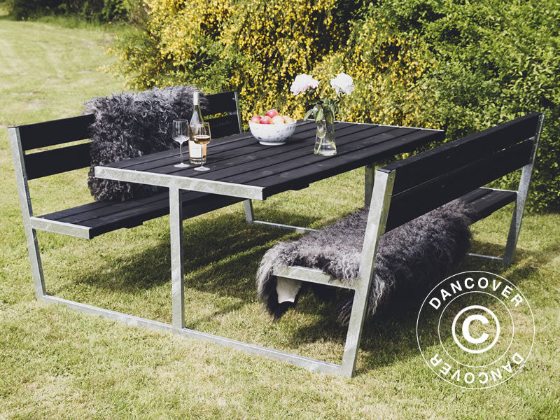 Bord/bænkesæt m/ryglæn, 2,05x1,8x0,85m, Sort