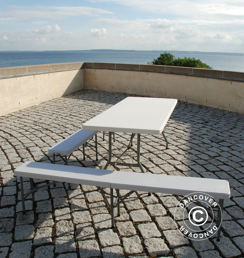 Festpakke, 1 klapbord (180cm) + 2 foldebænke (183cm), Lysegrå