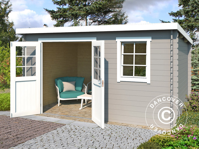 Redskabsskur i træ Asker 3,8x2,75x2,11m, 28mm, 10,09m², Lysegrå