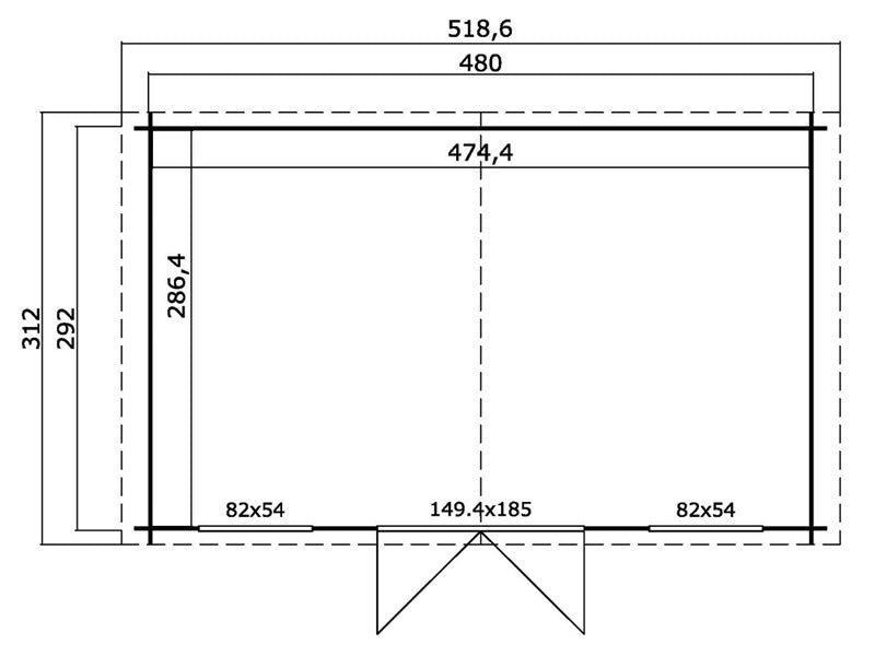 Redskabsskur, anneks i træ Sandvika 4,8x2,92x2,45m, 28mm, 13,59m², Lysegrå