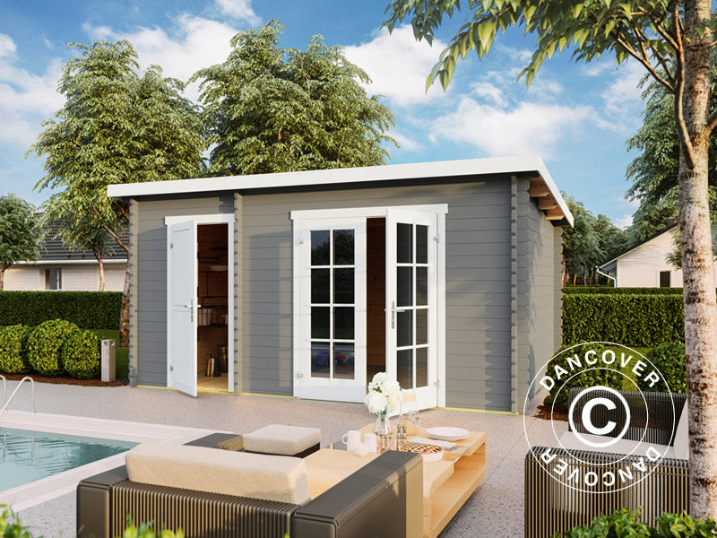 Redskabsskur i træ, anneks Riga 4,25x2,8x2,22m, 34mm, 11,3m², Lysegrå