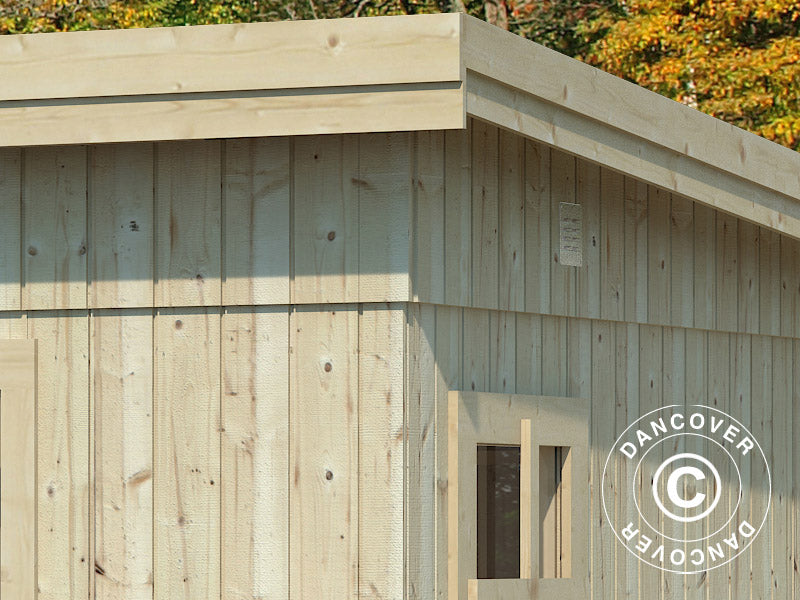 Redskabsskur i træ m/gulv, 5,61x3,3x2,59m, 16,9m², Natur