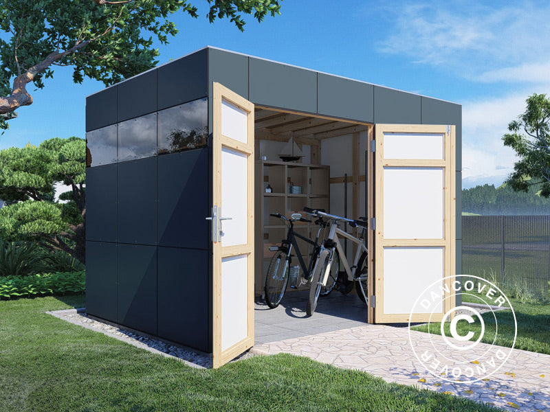 Redskabsskur i træ, Bertilo HPL 2, 3,45x2,28x2,3m, 7,86m², Antracit/Hvid