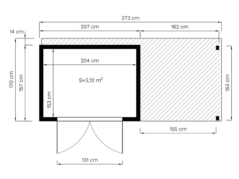 Redskabsskur i træ m/udhæng, Bertilo Cubico 2Plus, 3,73x1,57x2,08m, 2,43m² + 3,37m², Natur