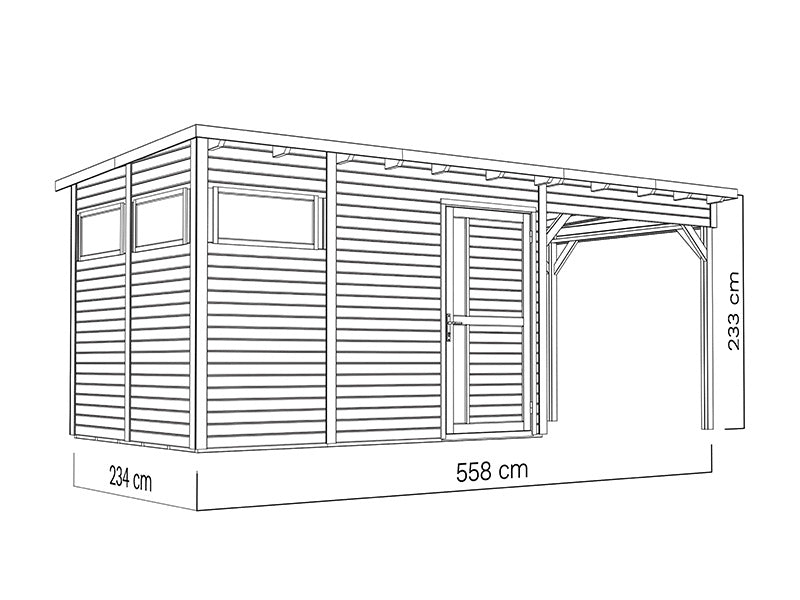 Redskabsskur i træ m/udhæng, Bertilo Pentus 3L, 5,58x2,34x2,33m, 7,65m²+5,15m², Grå