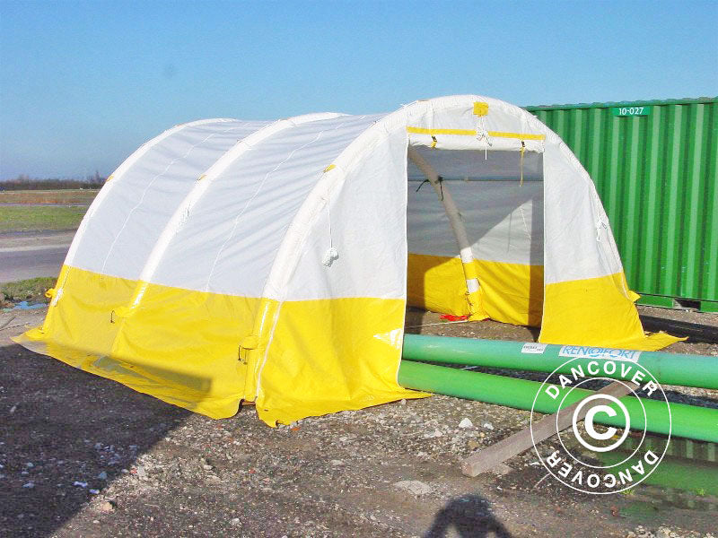 Oppusteligt buet arbejdstelt FleXshelter PRO, 4x4m, Hvidt/gult