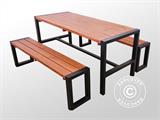 Piknikpöytä 2 penkillä, 166x70cm/150x30cm, Tumma puu/Musta