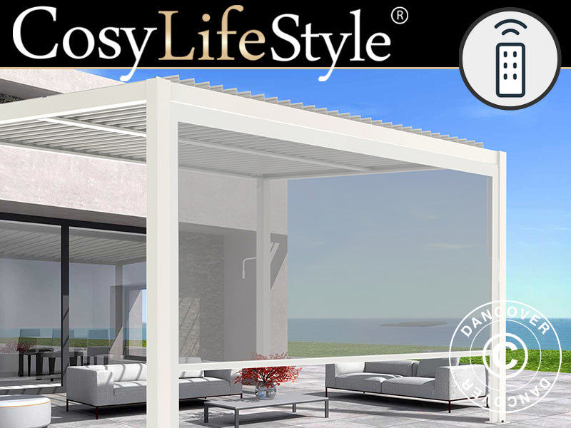 Elektrisk sidevæg til bioklimatisk pergola pavillon San Pablo, 4m, Hvid/Lysegrå