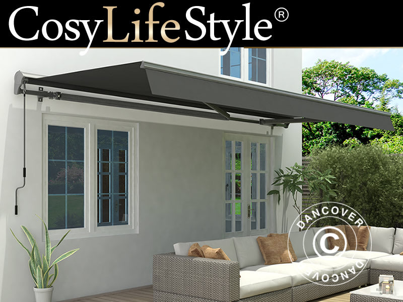 Markise m/manuelt håndsving, 3,95x2,5m, Grå/Gråt stel