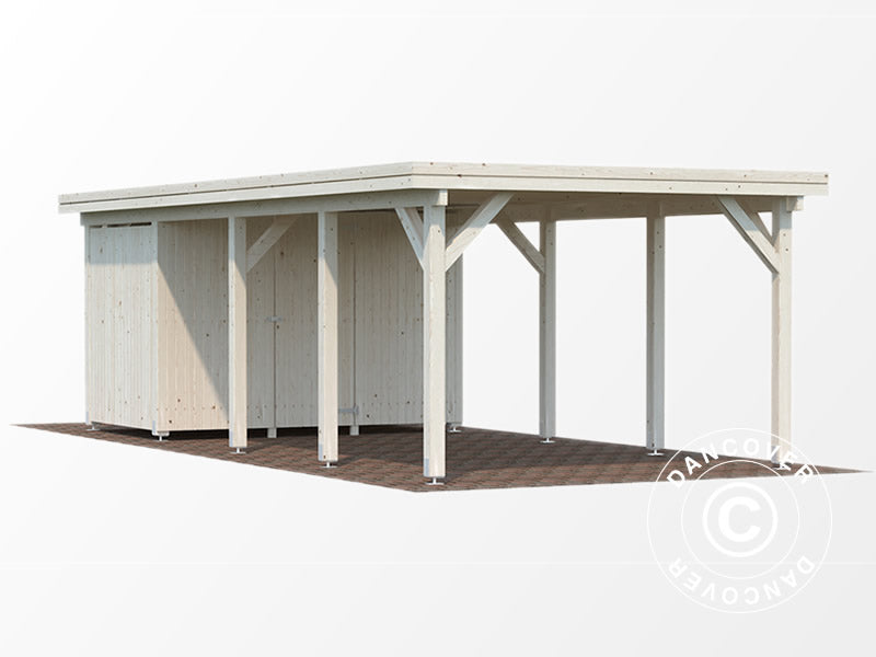 Carport i træ m/skur, 3,6x7,62x2,32m, 23,1m², Natur, KOMPLET SÆT