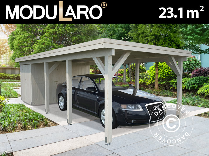 Carport i træ m/skur, 3,6x7,62x2,32m, 23,1m², Natur