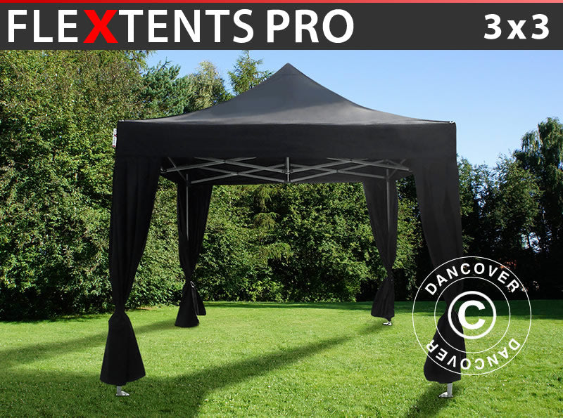Foldetelt FleXtents PRO 3x3m Sort, inkl. 4 pyntegardiner