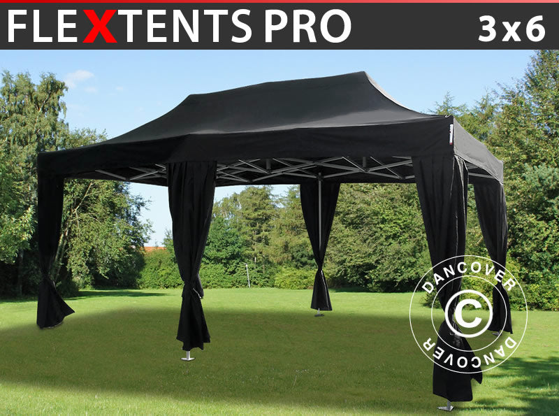 Foldetelt FleXtents PRO 3x6m Sort, inkl. 6 pyntegardiner