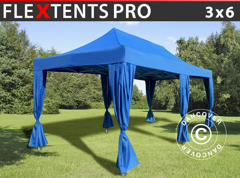 Foldetelt FleXtents PRO 3x6m Blå, inkl. 6 pyntegardiner