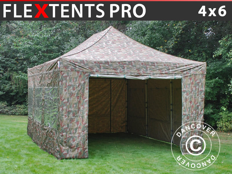 Foldetelt FleXtents PRO 4x6m Camouflage/Militær, inkl. 8 sider