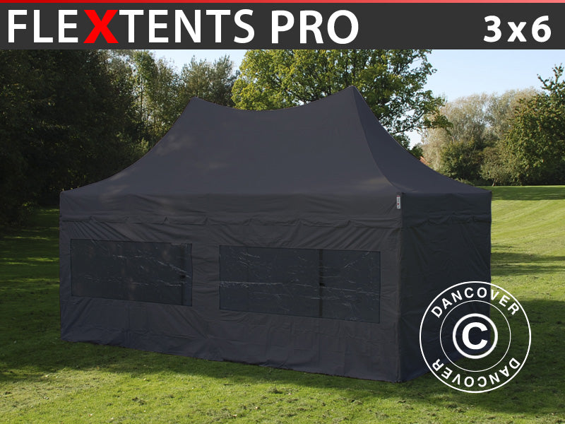 Foldetelt FleXtents PRO Peak Pagoda 3x6m Sort, Inkl. 6 sider