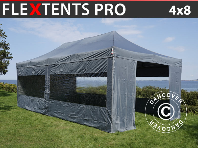 Foldetelt FleXtents PRO 4x8m Grå, inkl. 6 sider