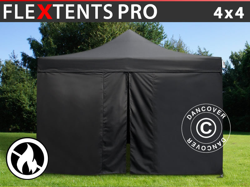 Foldetelt FleXtents PRO 4x4m Sort, Brandhæmmende, inkl. 4 sider