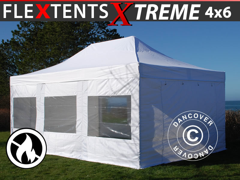 Foldetelt FleXtents Xtreme 50 4x6m Hvid, Brandhæmmende, inkl. 8 sider