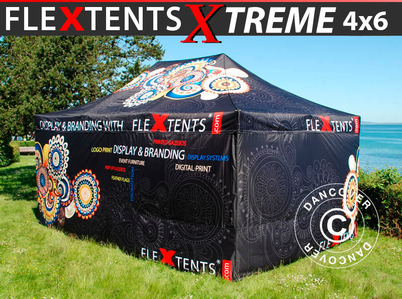 Foldetelt FleXtents Xtreme 50 med fuldt digitalt print, 4x6m, inkl. 4 sidevægge
