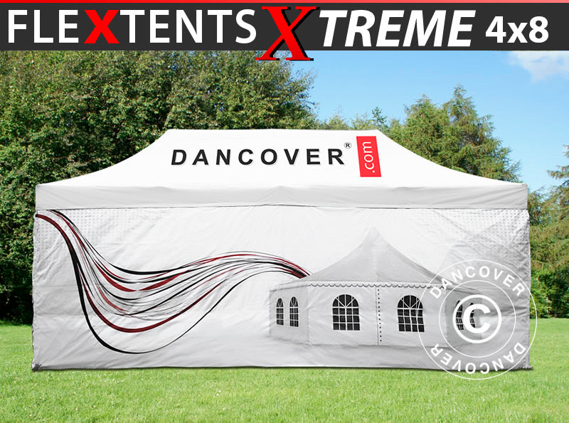 Foldetelt FleXtents Xtreme 50 med fuldt digitalt print, 4x8m, inkl. 4 sidevægge