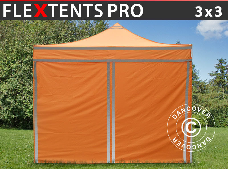 Foldetelt FleXtents PRO Arbejdstelt 3x3m Orange m/refleksbånd, inkl. 4 sider