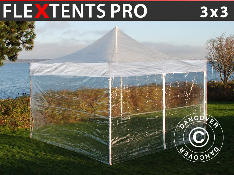 Foldetelt FleXtents PRO 3x3m Transparent, inkl. 4 sider