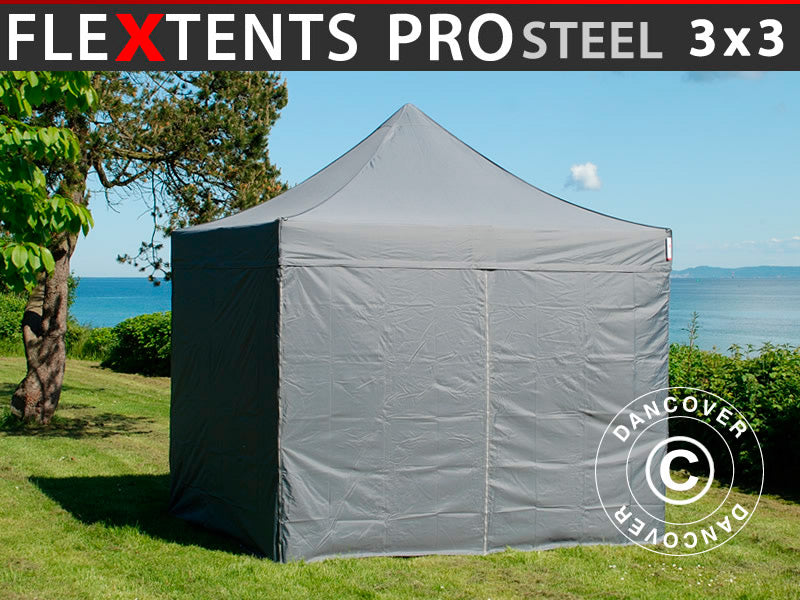 Foldetelt FleXtents PRO Steel 3x3m Grå, inkl. 4 sider