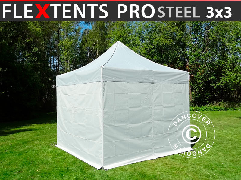 Foldetelt FleXtents PRO Steel 3x3m Sølv, inkl. 4 sider