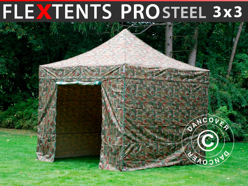 Foldetelt FleXtents PRO Steel 3x3m Camouflage/Militær, inkl. 4 sider