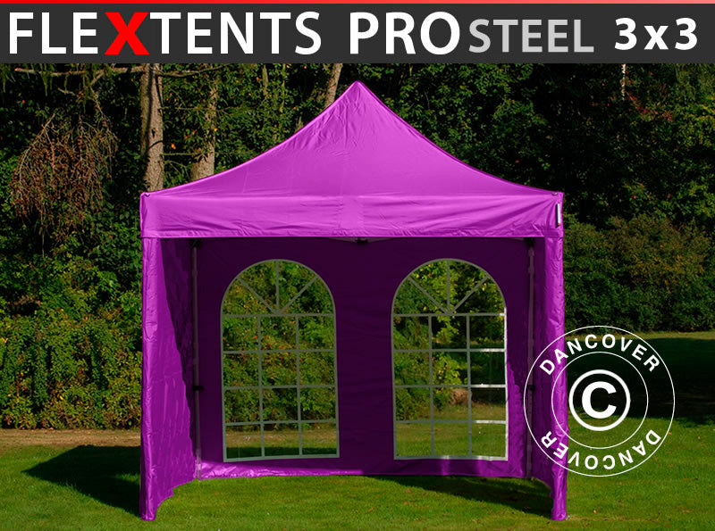 Foldetelt FleXtents PRO Steel 3x3m Lilla, inkl. 4 sider