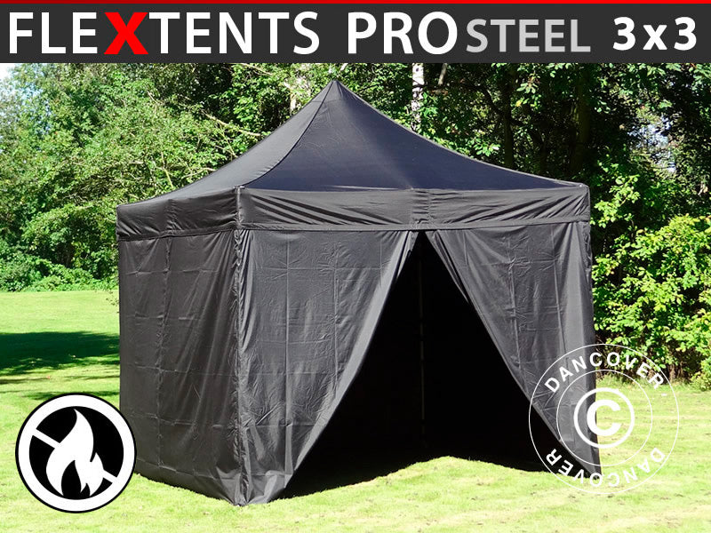 Foldetelt FleXtents PRO Steel 3x3m Sort, Brandhæmmende, inkl. 4 sider