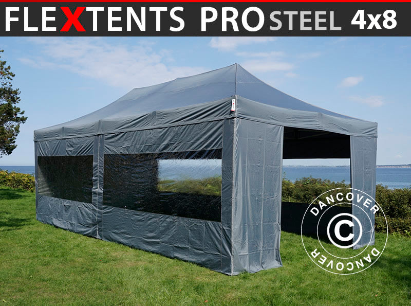 Foldetelt FleXtents PRO Steel 4x8m Grå, inkl. 6 sider