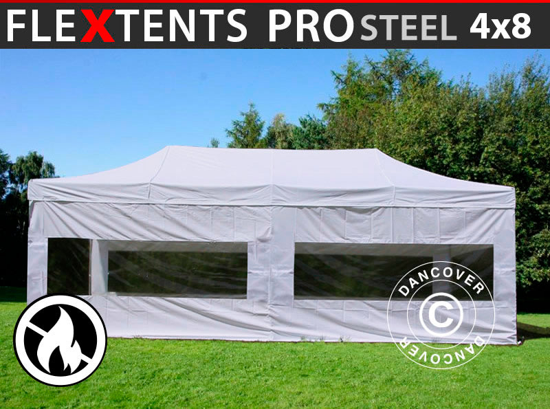 Foldetelt FleXtents PRO Steel 4x8m Hvid, Brandhæmmende, inkl. 6 sider