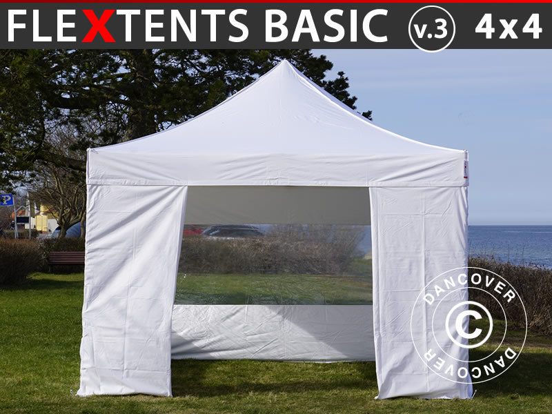 Foldetelt FleXtents Basic v.3, 4x4m Hvid, inkl. 4 sider