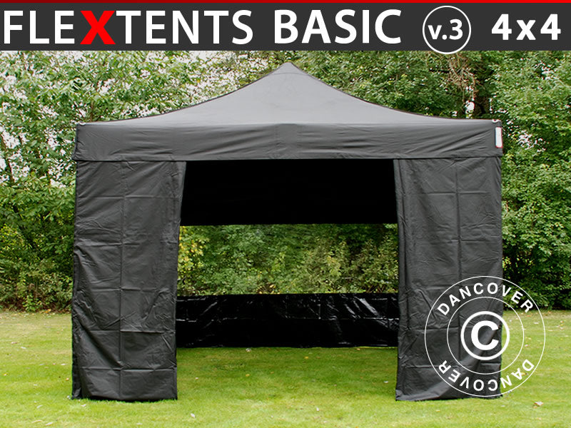 Foldetelt FleXtents Basic v.3, 4x4m Sort, inkl. 4 sider