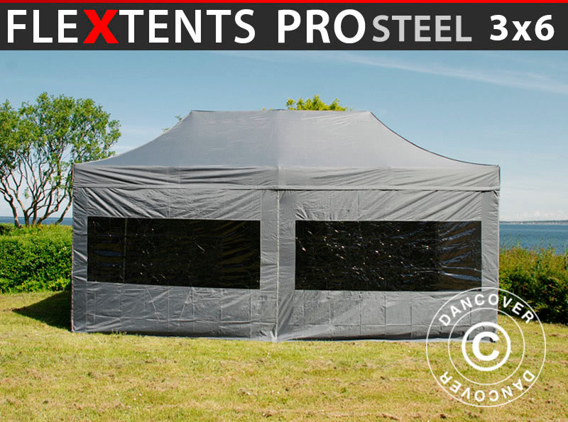 Foldetelt FleXtents PRO Steel 3x6m Grå, inkl. 6 sider