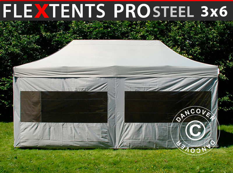 Foldetelt FleXtents PRO Steel 3x6m Sølv, inkl. 6 sider