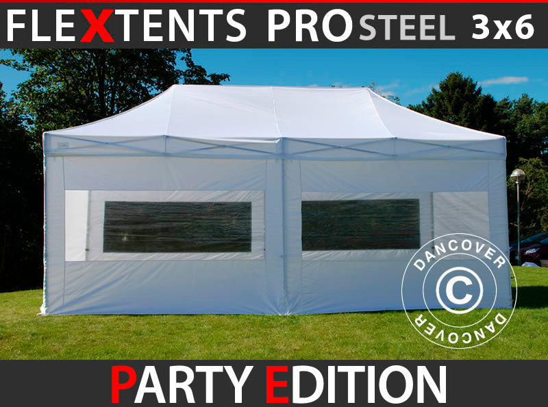 Foldetelt FleXtents PRO Steel 3x6m Hvid, inkl. 6 sider