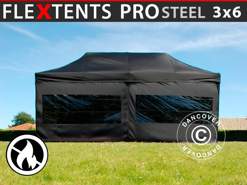 Foldetelt FleXtents PRO Steel 3x6m Sort, Brandhæmmende, inkl. 6 sider