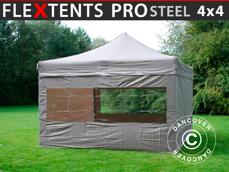 Foldetelt FleXtents PRO Steel 4x4m Latte, inkl. 4 sider