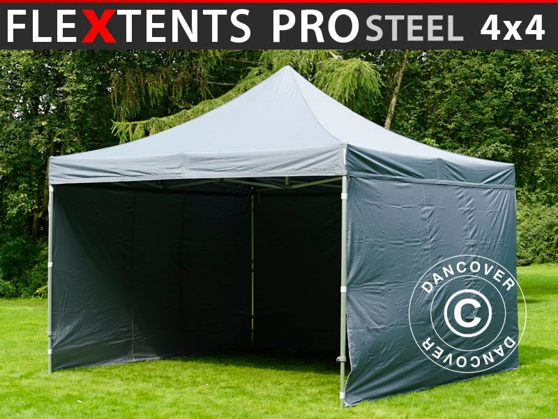 Foldetelt FleXtents PRO Steel 4x4m Grå, inkl. 4 sider