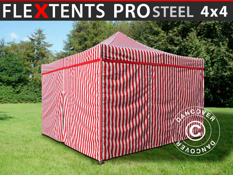 Foldetelt FleXtents PRO Steel 4x4m Stribet, inkl. 4 sider