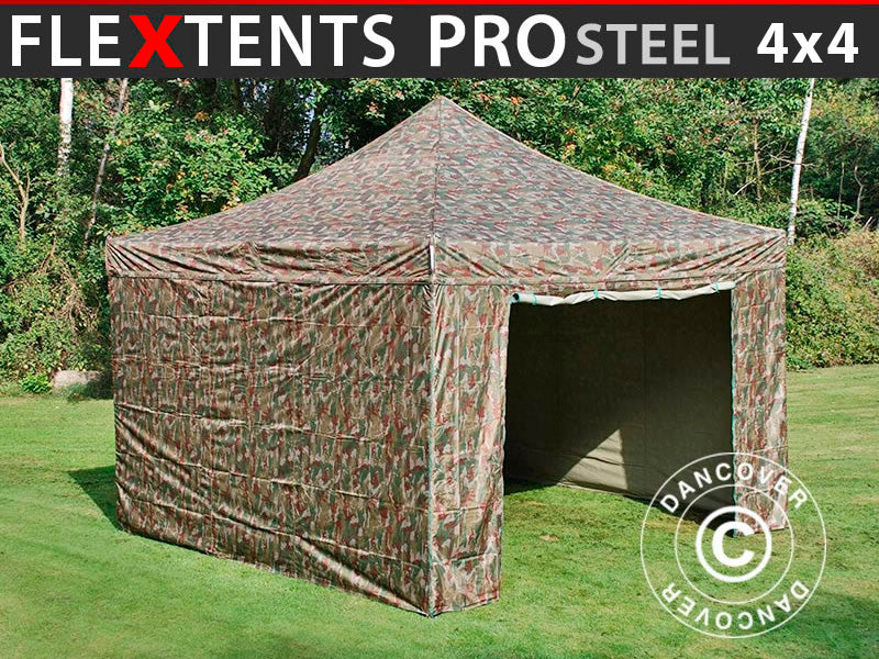 Foldetelt FleXtents PRO Steel 4x4m Camouflage/Militær, inkl. 4 sider KUN 2 STK. TILBAGE