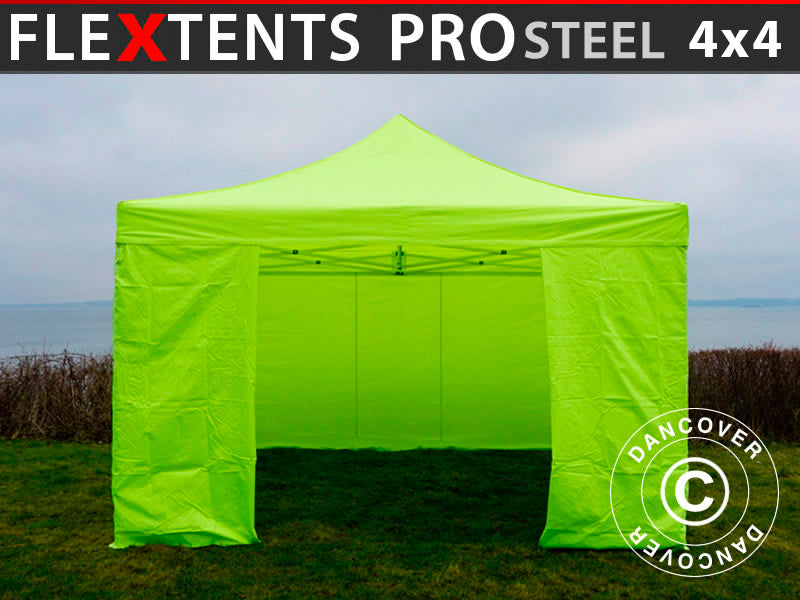 Foldetelt FleXtents PRO Steel 4x4m Neongul/grøn, inkl. 4 sider KUN 4 STK. TILBAGE