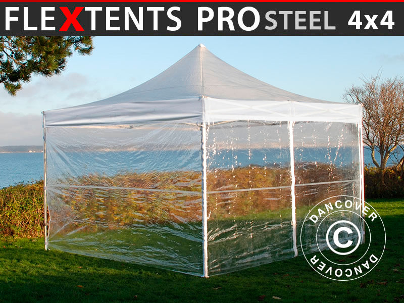Foldetelt FleXtents PRO Steel 4x4m Transparent, inkl. 4 sider