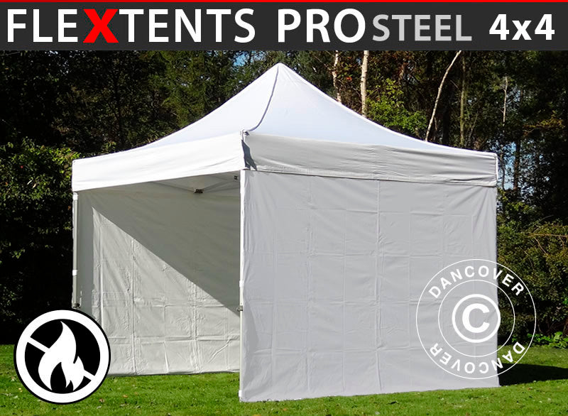 Foldetelt FleXtents PRO Steel 4x4m Hvid, Brandhæmmende, inkl. 4 sider